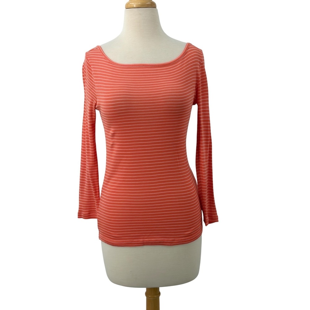 Juicy Couture Womens Coral Orange Striped Open Back Boat Neck Ribbed Top Size P